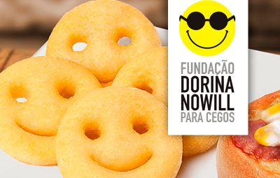 Descrição de imagem: fotografia de batatas Smile e o logo da Fundação Dorina. Fim da descrição.