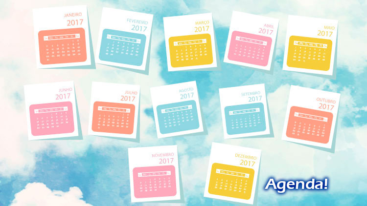 Imagem em destaque: Desenho colorido. Fundo de céu azul com nuvens. Distribuídos em três fileiras a imagem de doze calendários representando os meses do ano de 2017. No canto inferior direito a palavra Agenda. Fim da descrição.