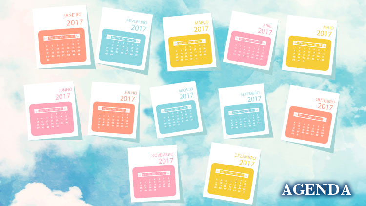 Imagem em destaque: Desenho colorido. Fundo de céu azul com nuvens. Distribuídos em três fileiras a imagem de doze calendários representando os meses do ano de 2017. No canto inferior direito a palavra Agenda. Fim da descrição.