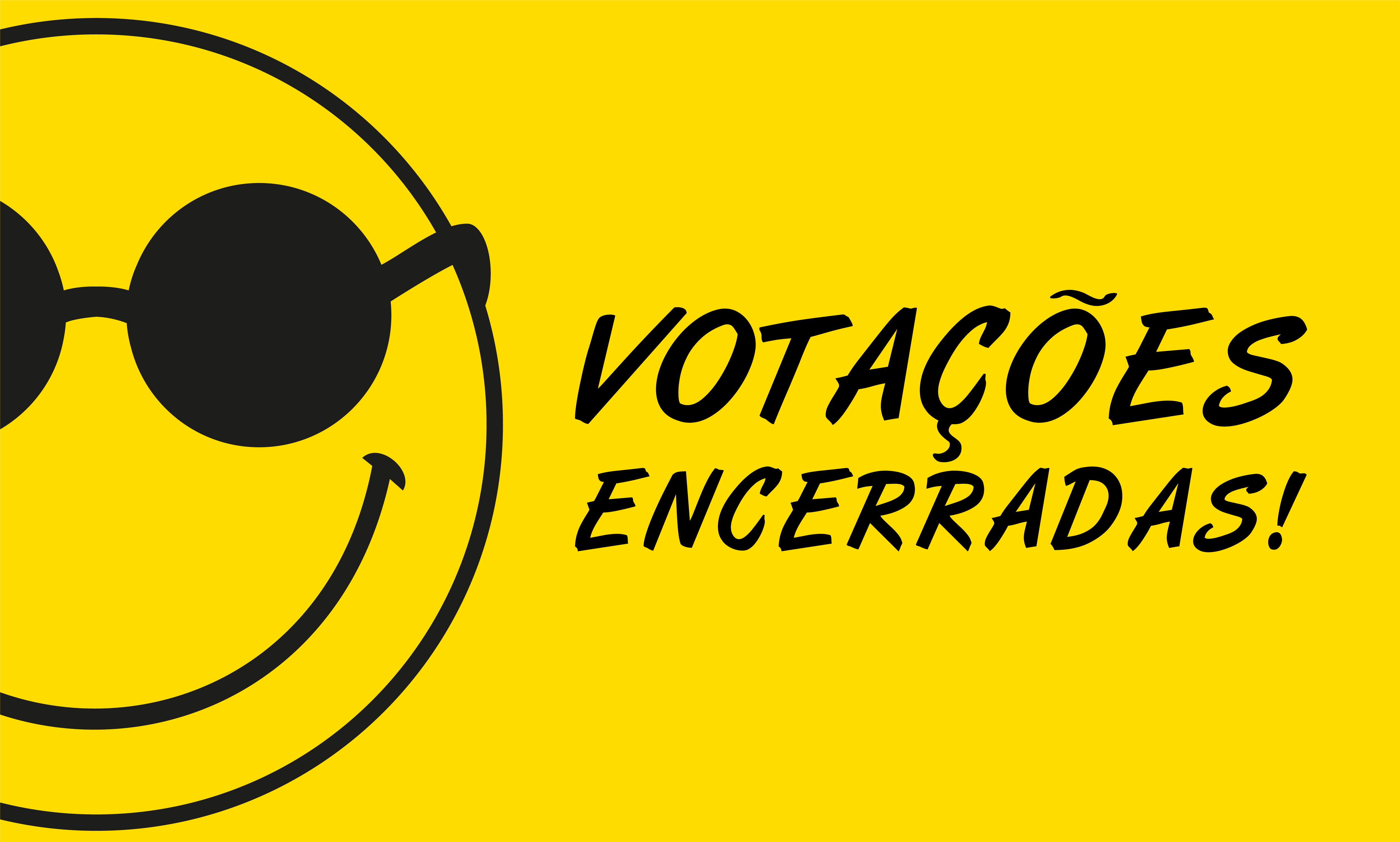 Banner amarelo com smile de óculos escuros à esquerda e a frase m preto "Votações encerradas"