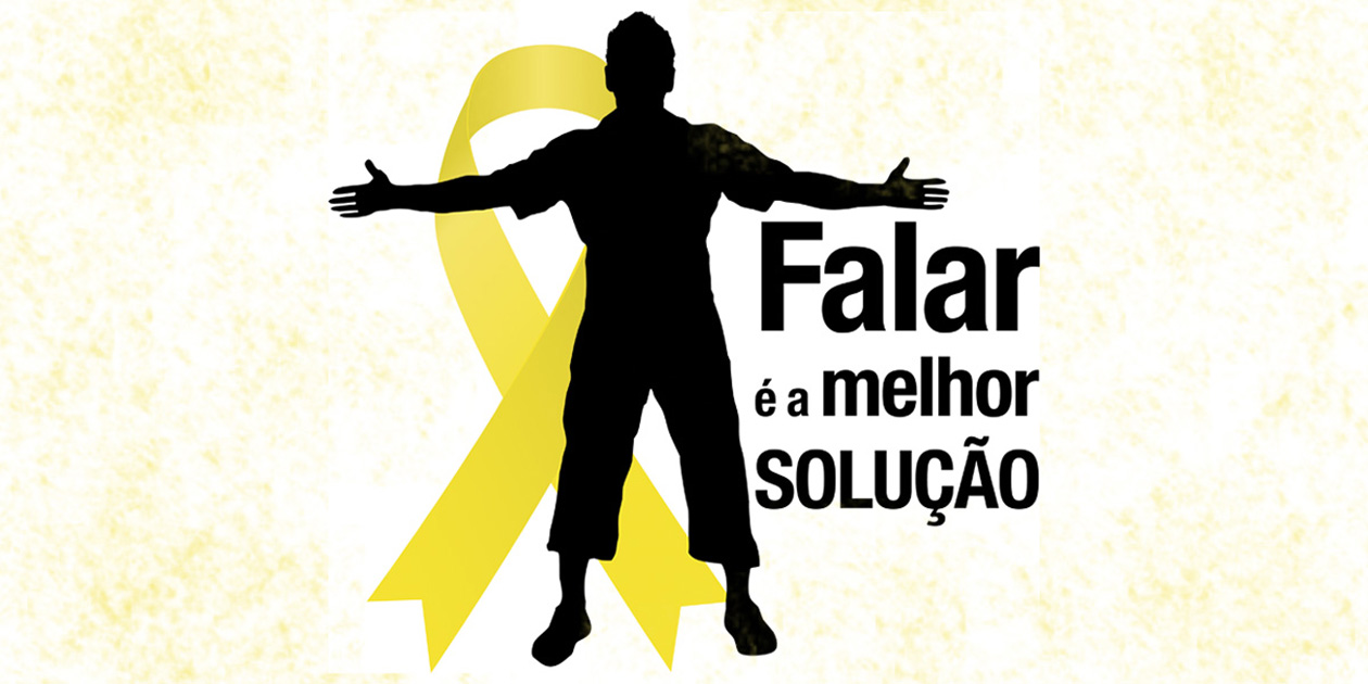 Descrição da imagem: silhueta de uma pessoa de braços abertos sobre fundo branco. Atrás dela há o desenho de uma fita amarela. Ao lado direito, em letras pretas, há a frase "Falar é a melhor solução"