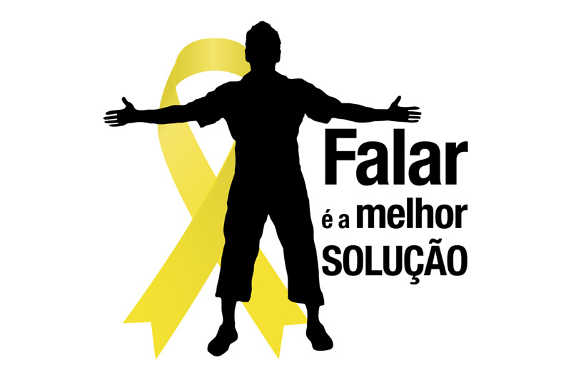 Descrição da imagem: silhueta de uma pessoa de braços abertos sobre fundo branco. Atrás dela há o desenho de uma fita amarela. Ao lado direito, em letras pretas, há a frase "Falar é a melhor solução"