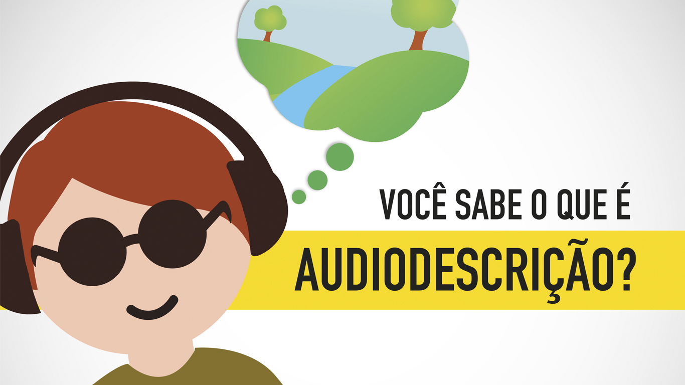 Descrição de imagem: ilustração de um rapaz sorridente de óculos escuros e fones de ouvido. Acima de sua cabeça há um balão de pensamento com desenho de paisagem: um campo verdejante dividido por um rio, duas árvores e céu ensolarado com algumas nuvens brancas. Do lado direito, a frase "Você sabe o que é audiodescrição?"