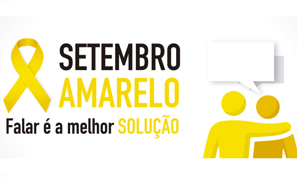 Descrição da imagem: banner virtual com o texto "Setembro Amarelo - falar é a melhor solução". Ao lado esquerdo, fita amarela que simboliza a campanha. Ao lado direito, ilustração de duas pessoas e um balão de fala.