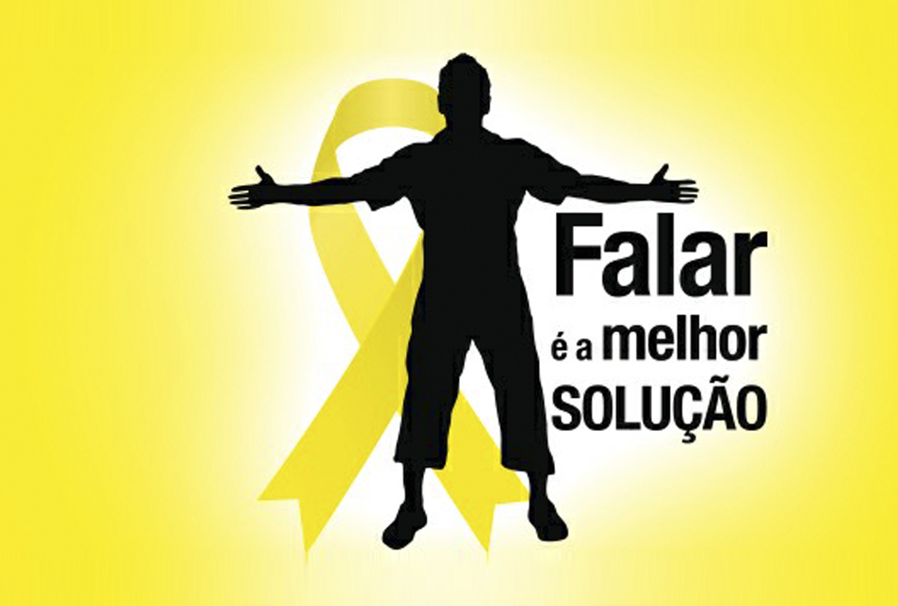 Descrição da imagem: banner virtual com a silhueta de uma pessoa de braços abertos sobre fundo amarelo. Atrás dela há uma fila amarela que simboliza a campanha Setembro Amarelo. ao lado direito, a frase "Falar é a melhor solução".