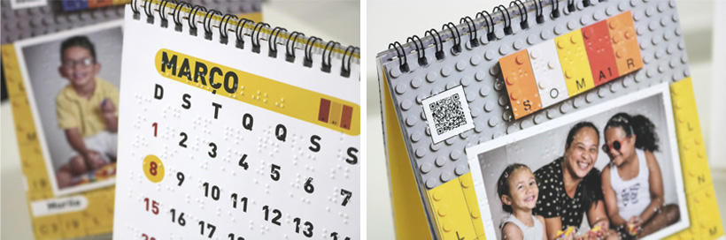 Descrição da imagem: duas fotos exibindo detalhes do Calendário, como o braille e o QR Code.