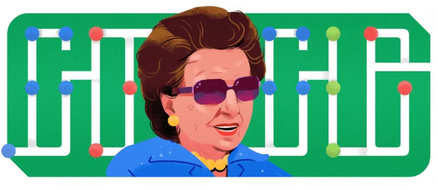 Descrição da imagem: ilustração do rosto de Dorina Nowill à frente da palavra Google, também representada pelos pontos do braille.